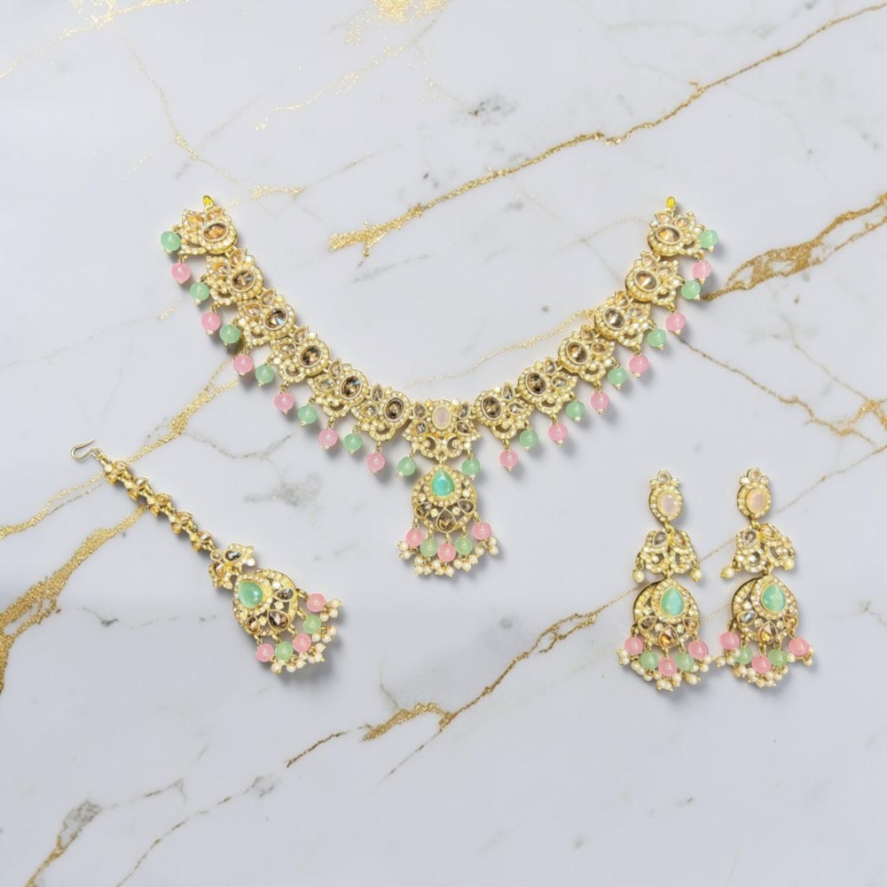 Necklace Set Crystal Beaded Necklace Earrings Tikka Traditional Wedding Bridal Jewellery - Image 12
