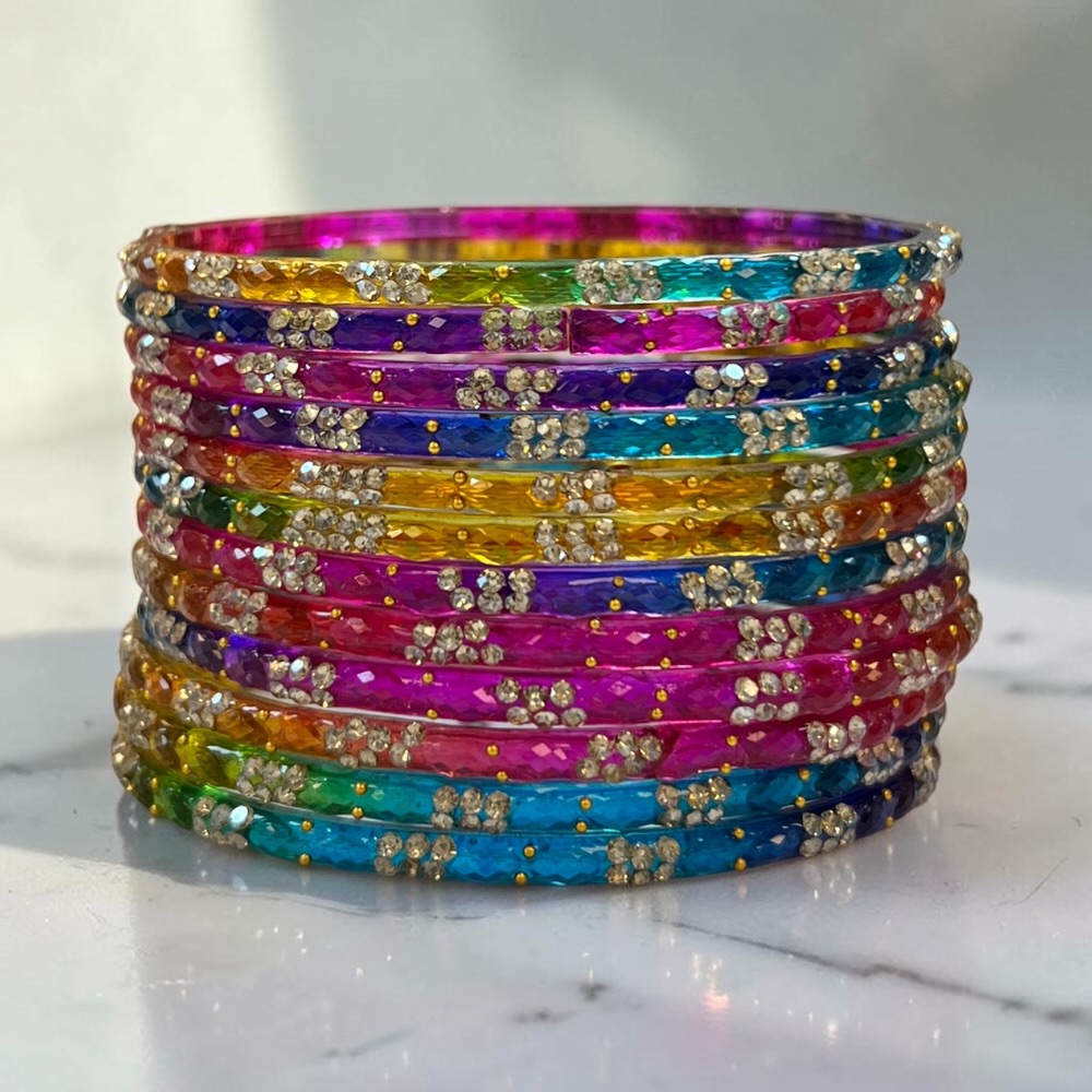 Raindrop Crystal Glass Bangles Set of 12 | Sparkling Glass Churi Bangles for Women | Bridal Wedding Party Jewellery - Image 9
