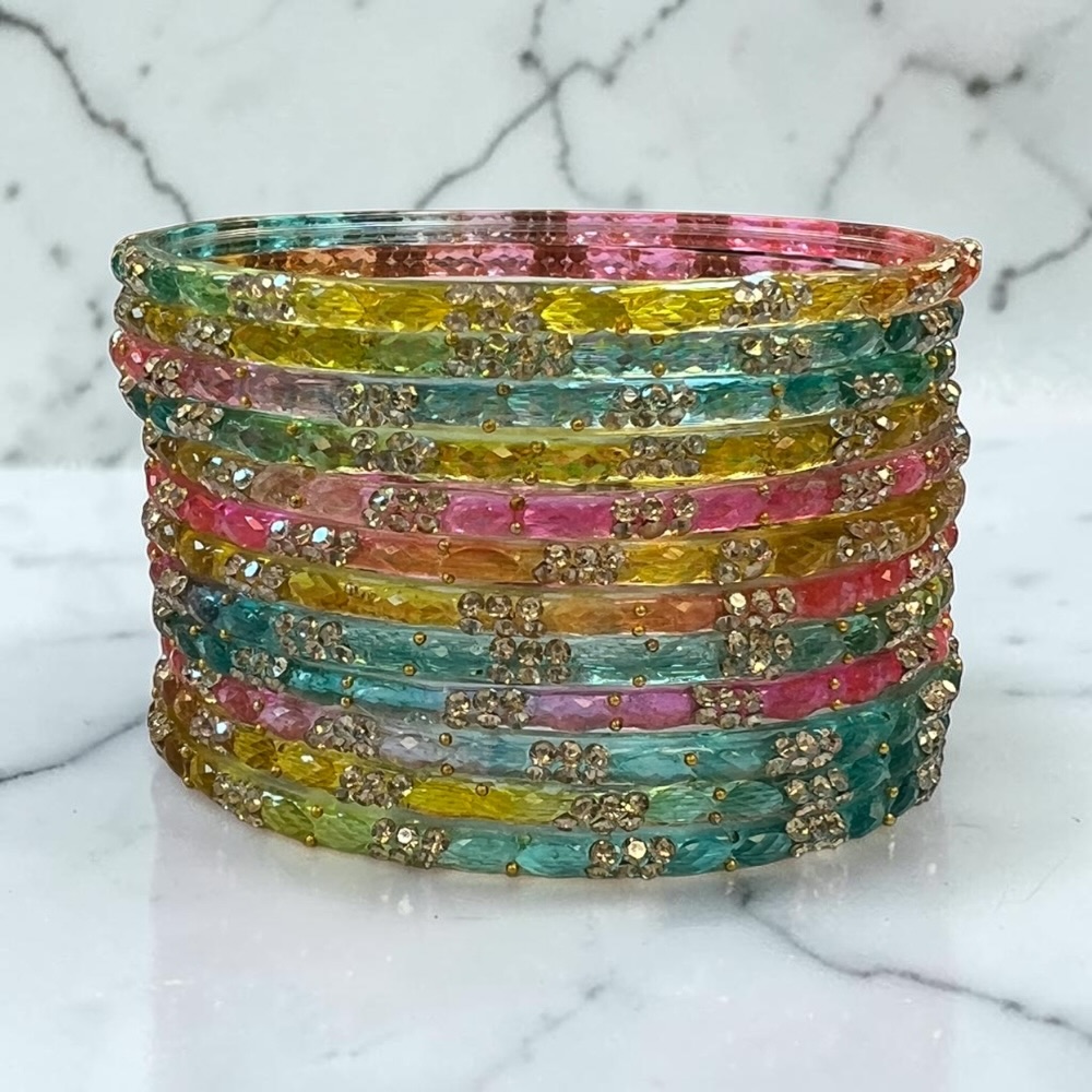 Raindrop Crystal Glass Bangles Set of 12 | Sparkling Glass Churi Bangles for Women | Bridal Wedding Party Jewellery - Image 14