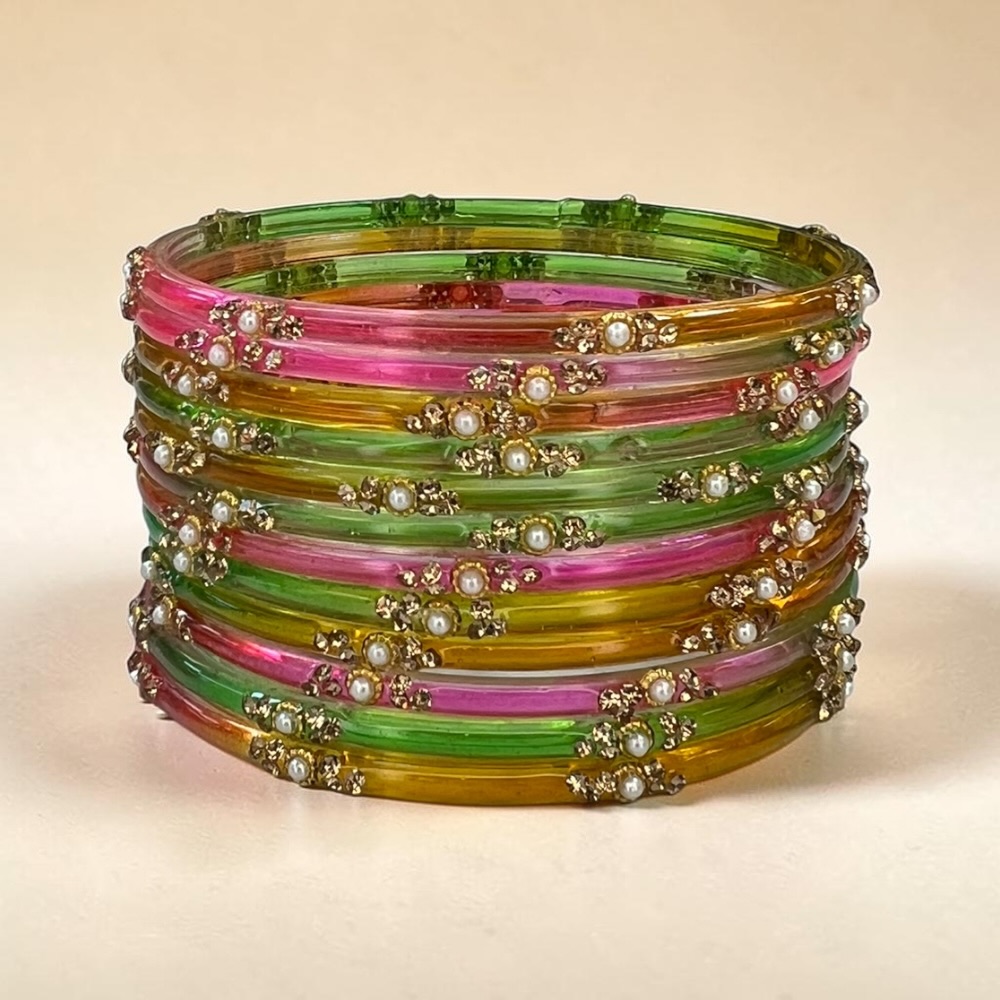 Pearl Crystal Glass Bangles Set of 12 | Elegant Indian Bridal Bangles - Image 14