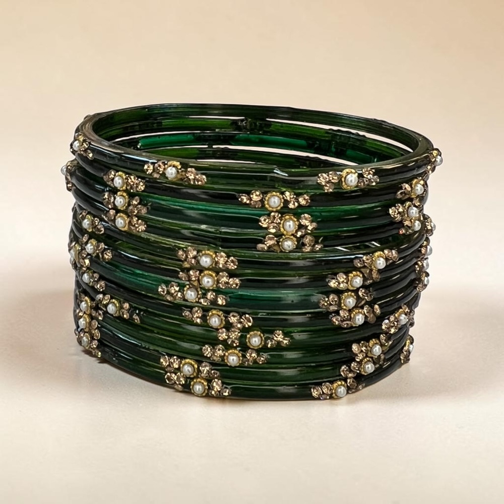 Pearl Crystal Glass Bangles Set of 12 | Elegant Indian Bridal Bangles - Image 17