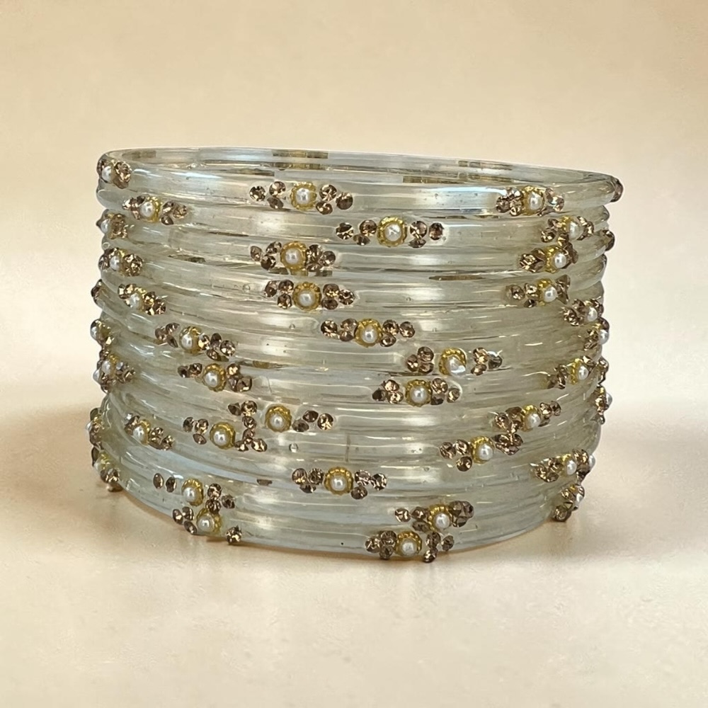Pearl Crystal Glass Bangles Set of 12 | Elegant Indian Bridal Bangles - Image 2