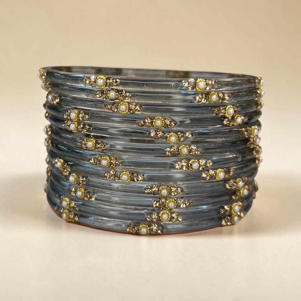 Pearl Crystal Glass Bangles Set of 12 | Elegant Indian Bridal Bangles - Image 15