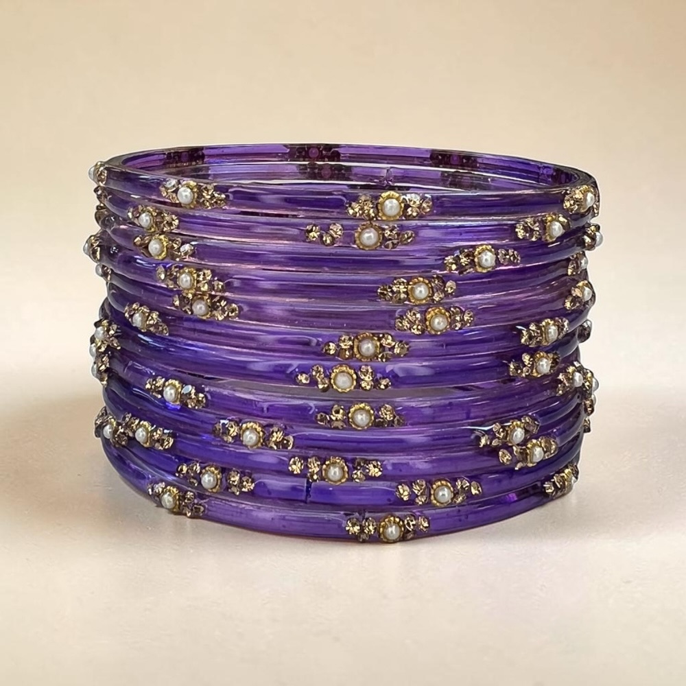Pearl Crystal Glass Bangles Set of 12 | Elegant Indian Bridal Bangles - Image 12