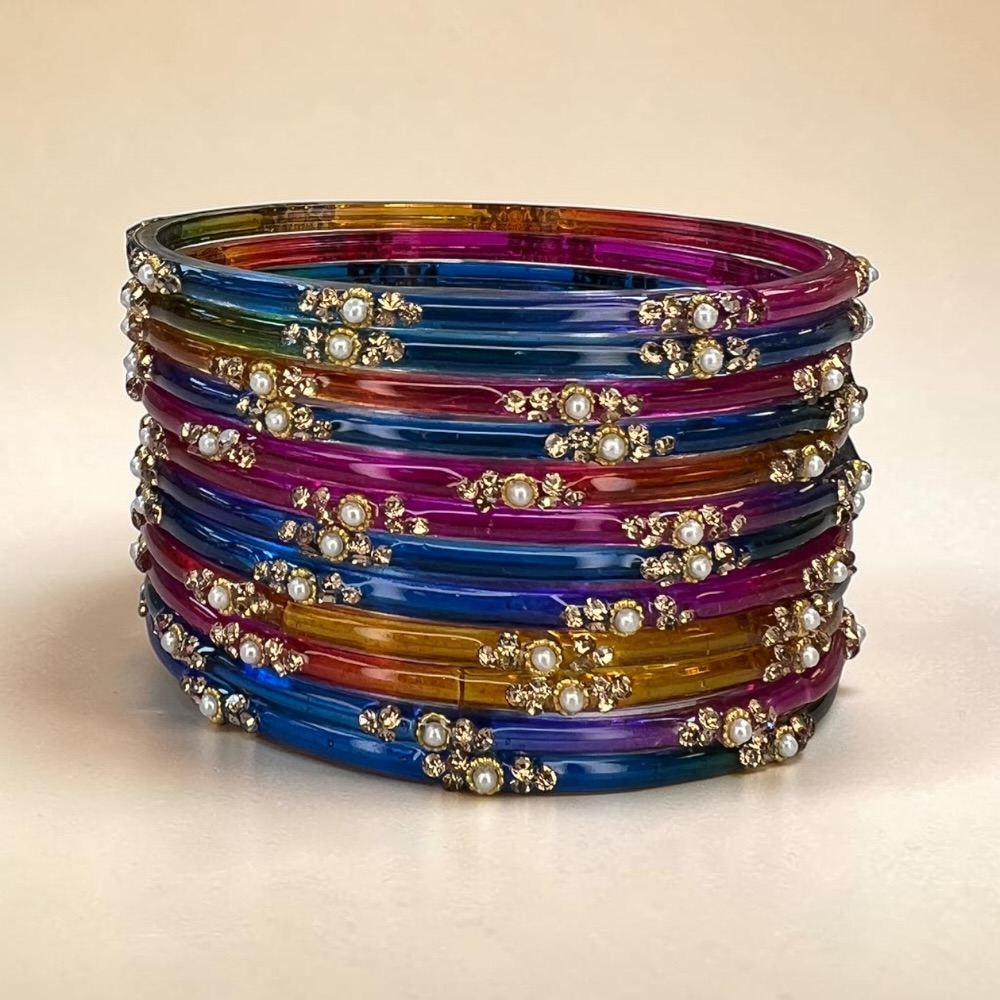 Pearl Crystal Glass Bangles Set of 12 | Elegant Indian Bridal Bangles - Image 11