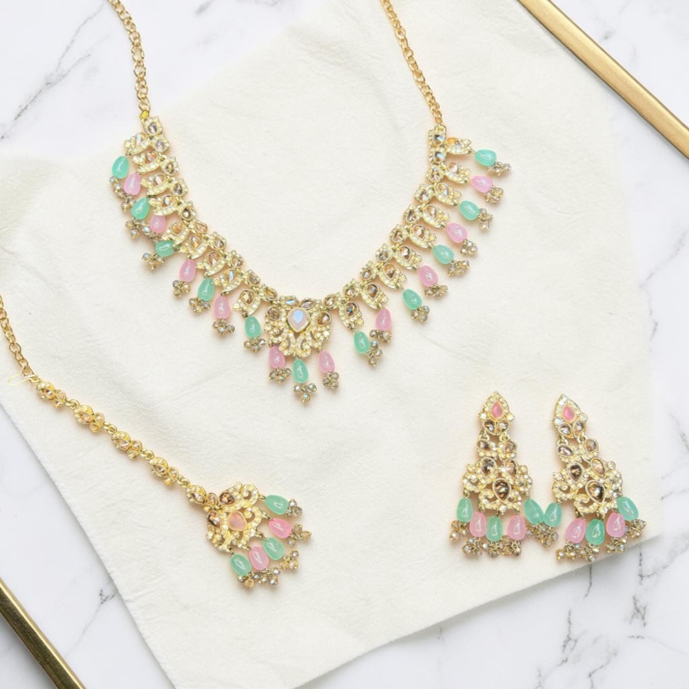 Luxury Floral Necklace Set with Earrings & Tikka | Choker Style Jewellery - Image 24